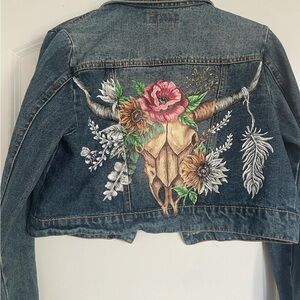 Hand Painted Denim Jacket with Floral Skull Design